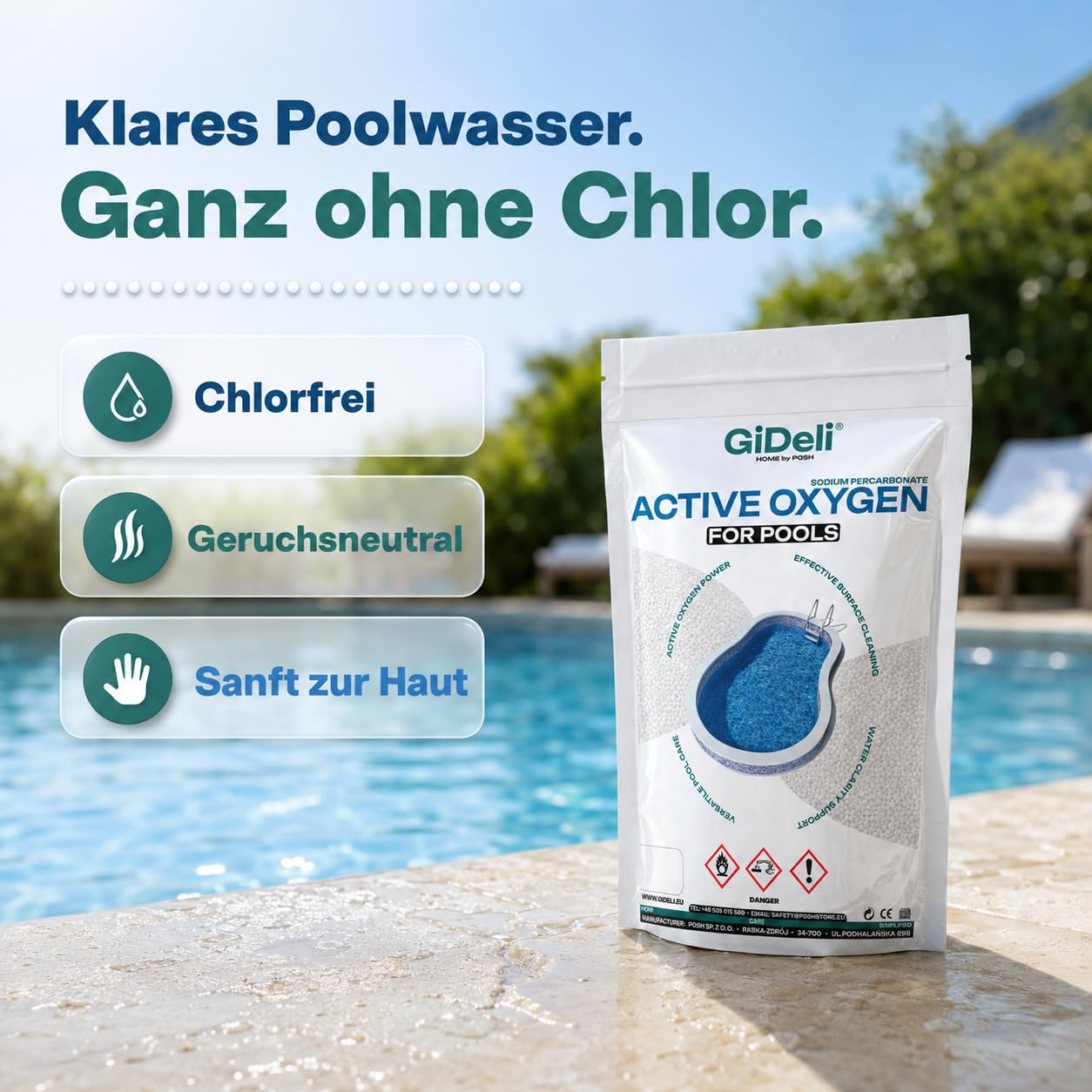GiDeli Aktywny tlen, basen bez chloru, 3 x 1 kg, granulat tlenowy, pielęgnacja wody przeciwko zmętnieniu, krystalicznie czysta woda w basenie, pielęgnacja basenu bez chloru, do utleniania