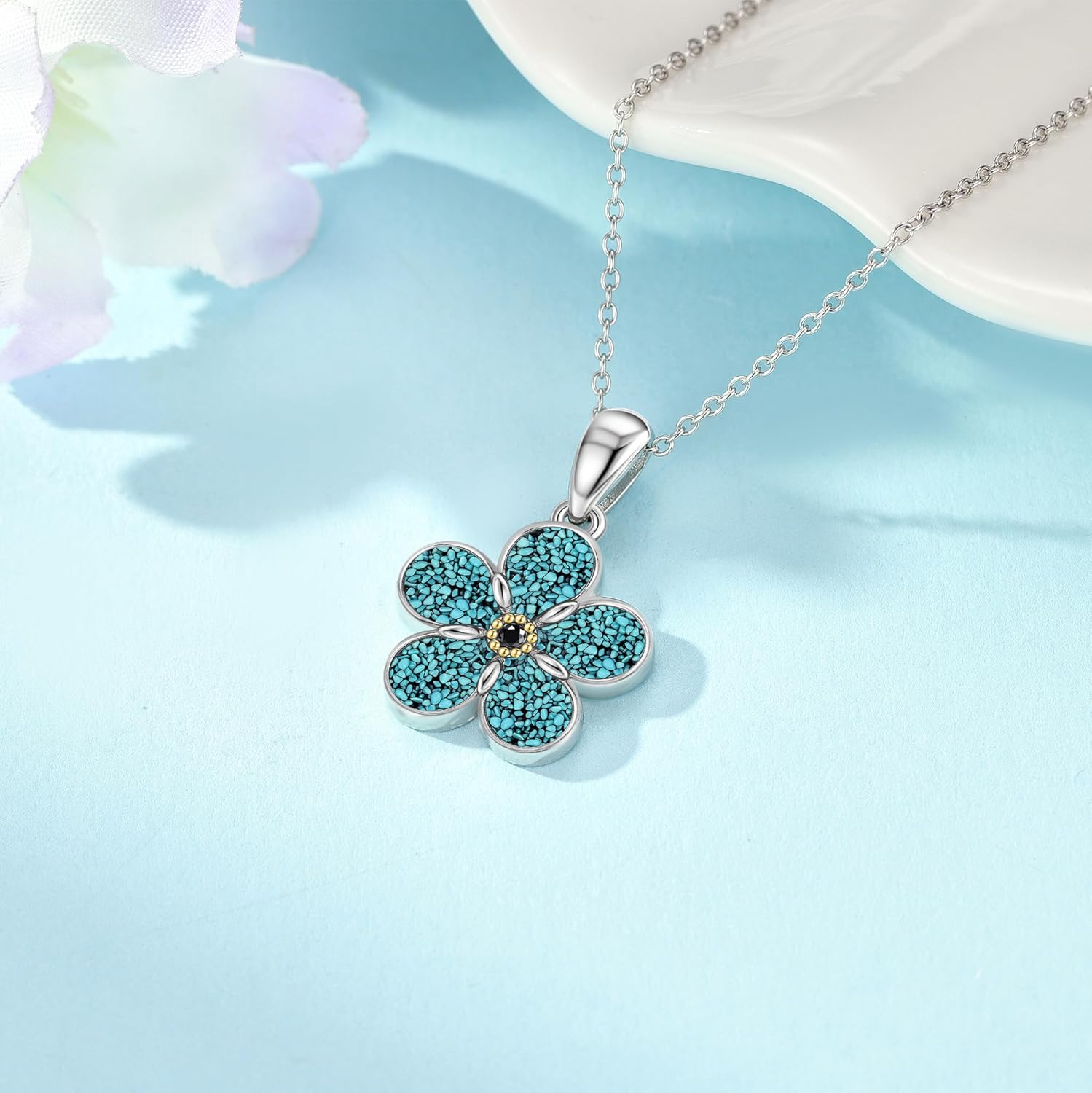 Forget Me Not Necklace Sterling Silver Turquoise Flower Necklace Floral Jewelry Forget Me Not Gifts for Women - Image 4