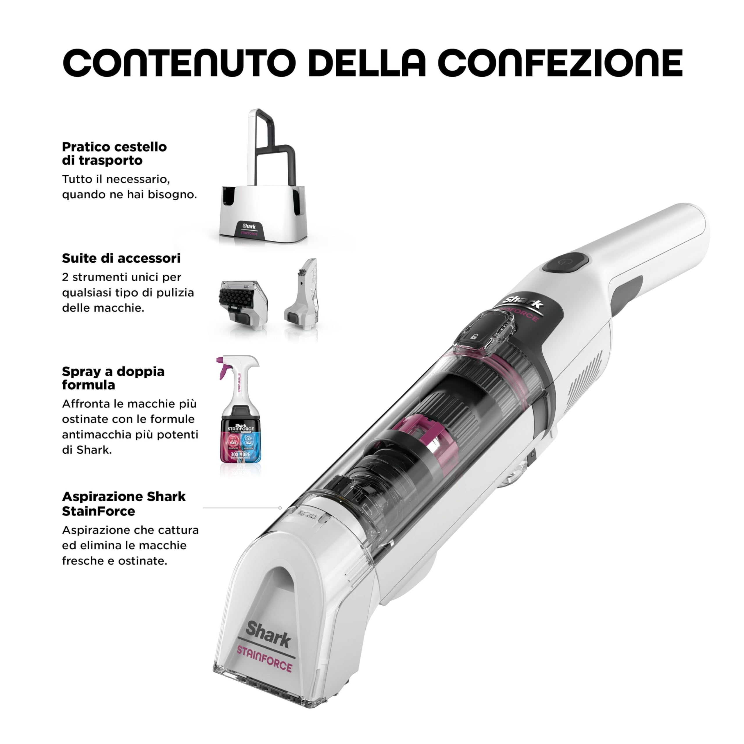 Shark StainForce Pulitore elettrico senza filo leggero, Elimina macchie e odori da tappeti, moquette, tappezzeria, scale, auto. Con cestello di stoccaggio, accessori e soluzione detergente, HX100EUT