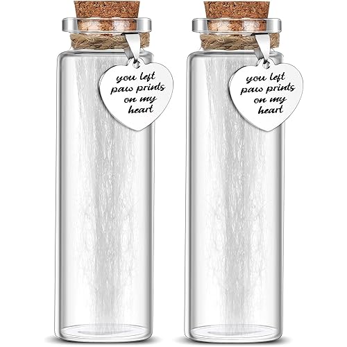 Nuenen 2 Pcs Pet Hair Glass Memorial Bottle Dog Keepsake Memorial Pet Loss Memory Sympathy Gift Vials for Hair with Heart Shape Ornaments White Organza Bags Cat Keepsake Glass for Ashes Fur Urn
