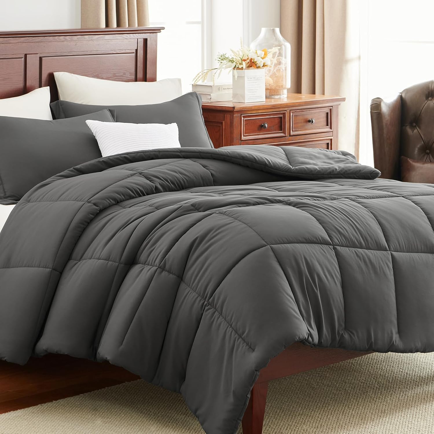 CozyLux Queen Comforter Set - Dark Grey Comforter Queen Size, 3 Pieces Box Stitched Bed Set for All Seasons, Soft Lightweight Bedding Sets with 1 Down Alternative Comforter and 2 Pillow Shams - Image 9