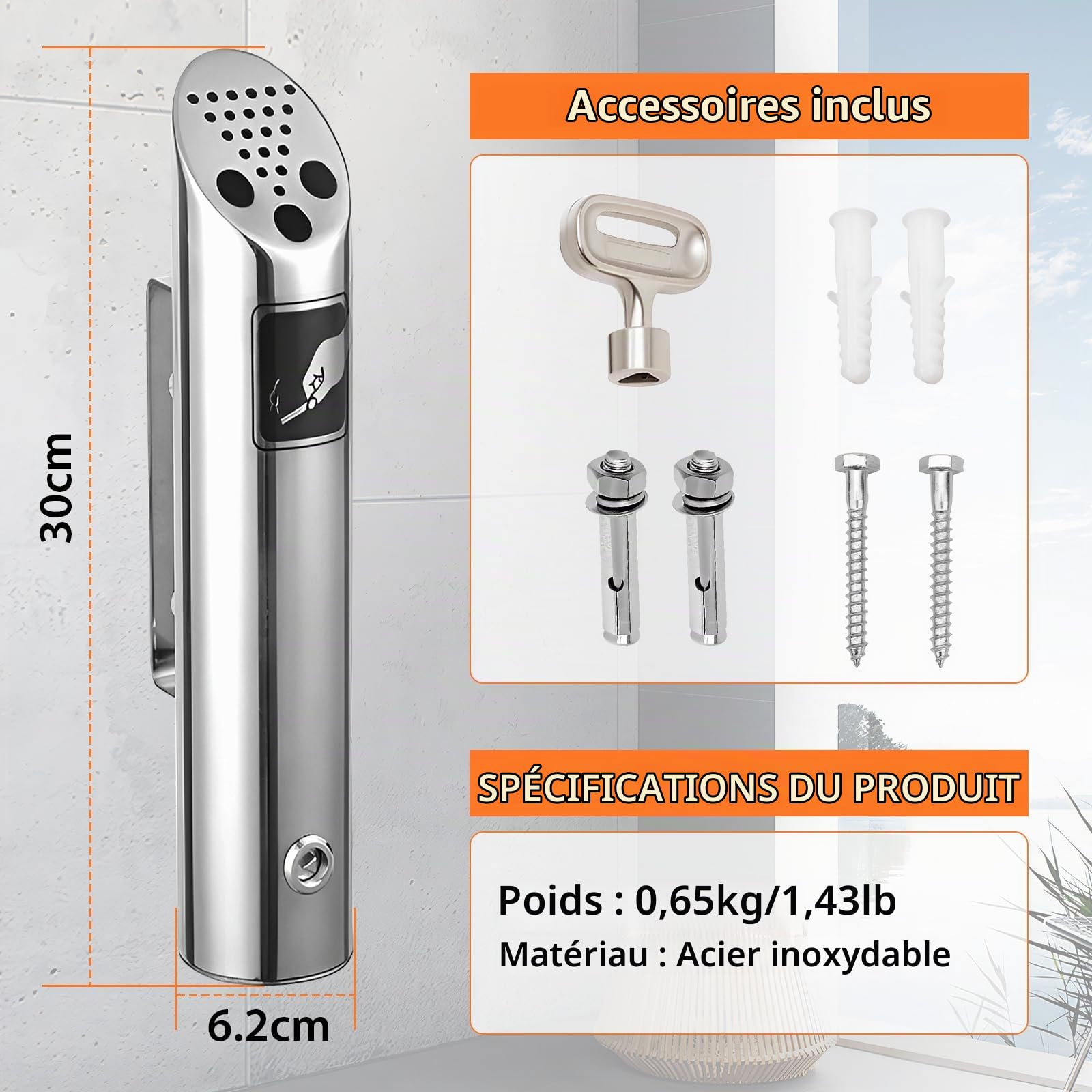 Lot de 2 cendriers muraux pour extérieur en acier inoxydable