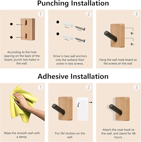 Miniatura 5 de Ganchos de madera para abrigos, paquete de 4 ganchos de pared de madera de haya a prueba de óxido, ganchos adhesivos para colgar abrigos, bolsas,