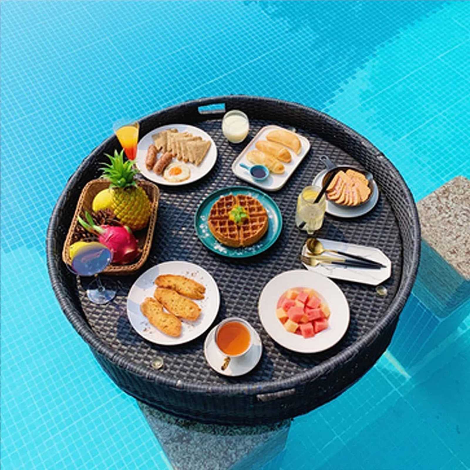 DFGHNBVC Floating Pool Tray Floating Serving Tray Table Bar Round Floating Breakfast Tray With Handles,Black-60Cm