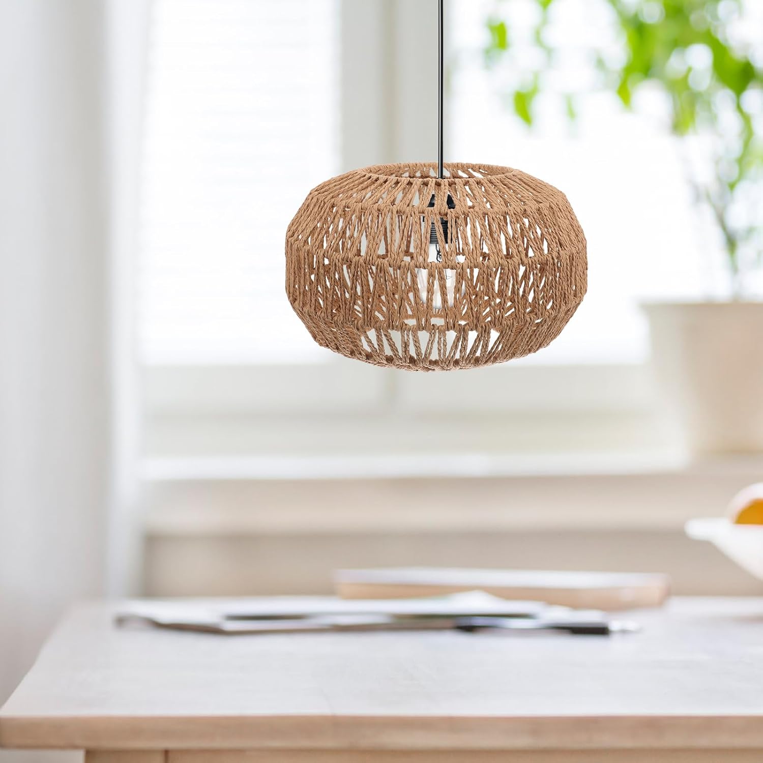 GANAZONO Woven Paper Rope Lamp Shade Simulation Rattan Pendant Light Shade Replacement Ceiling Covers for Pendant Floor Table Lamps Drawing Room Bedroom Kitchen Office Hotel Compatible with Bulb E27