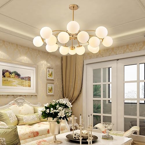 Miniatura 5 de Candelabros de burbujas Sputnik modernos de mediados de siglo de 42 pulgadas con 16 luces para montaje en techo, color dorado, flor de vidrio de