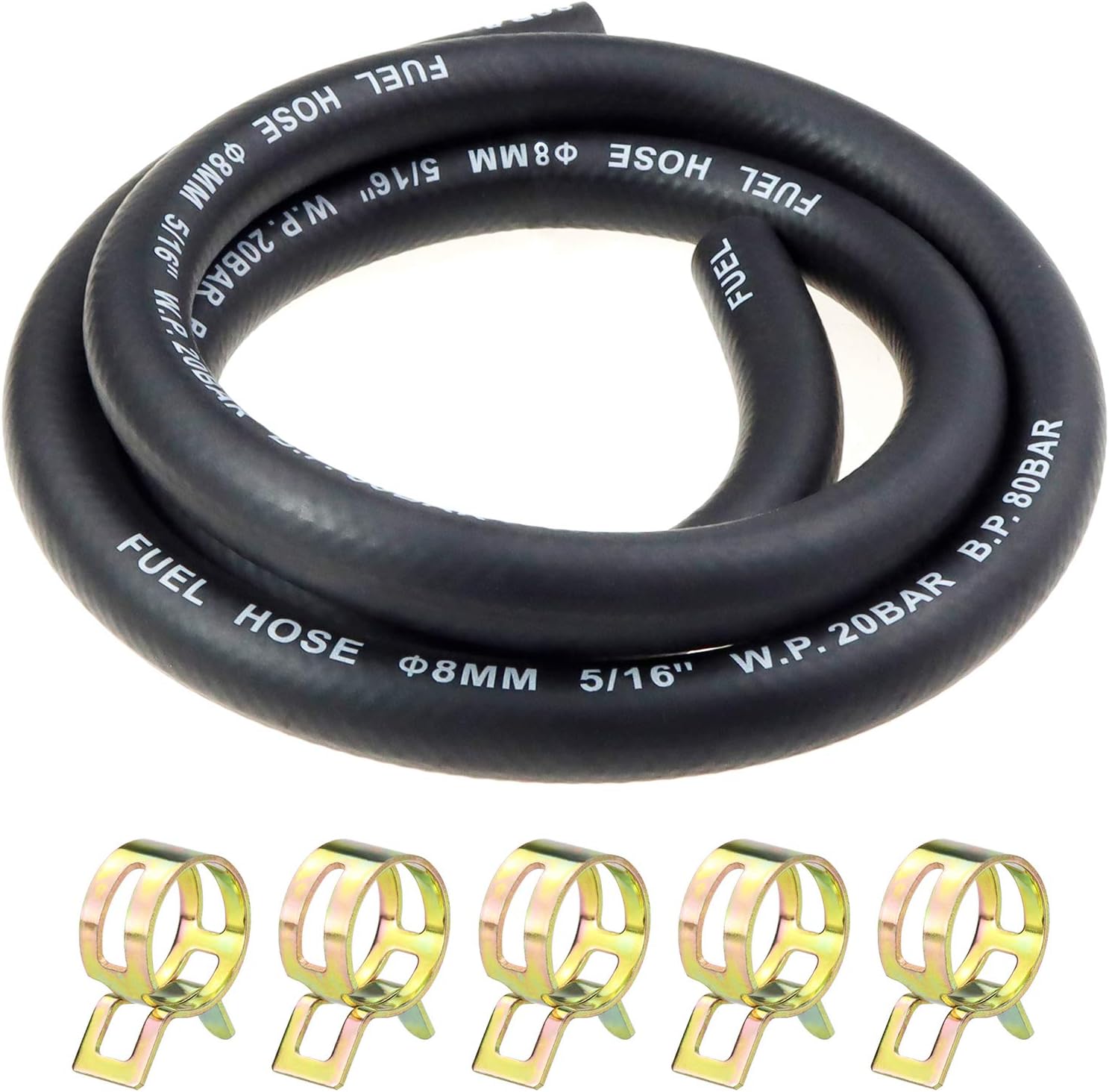 Laixin 5/16” Inch Fuel Gas Line 3.28 Feet with 5 Pcs Hose Clamps for Boat Marine Outboard Gas Diesel Petrol