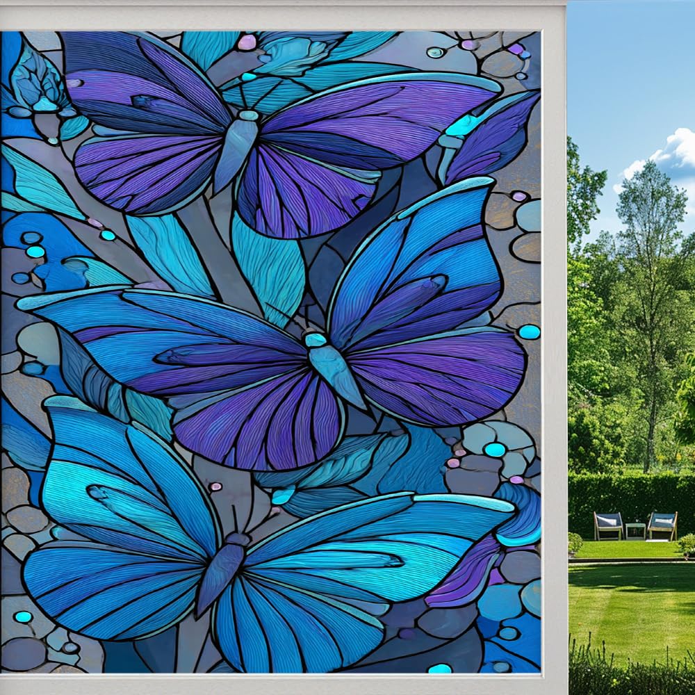 Pmlbaous Colorful Butterfly Stained Glass Window Film, Natural Flower Plants Peel And Stick Privacy Film, Frosted Adhesive Vinyl Decorative For Bathroom Windows Glass Doors, （80X140cm）