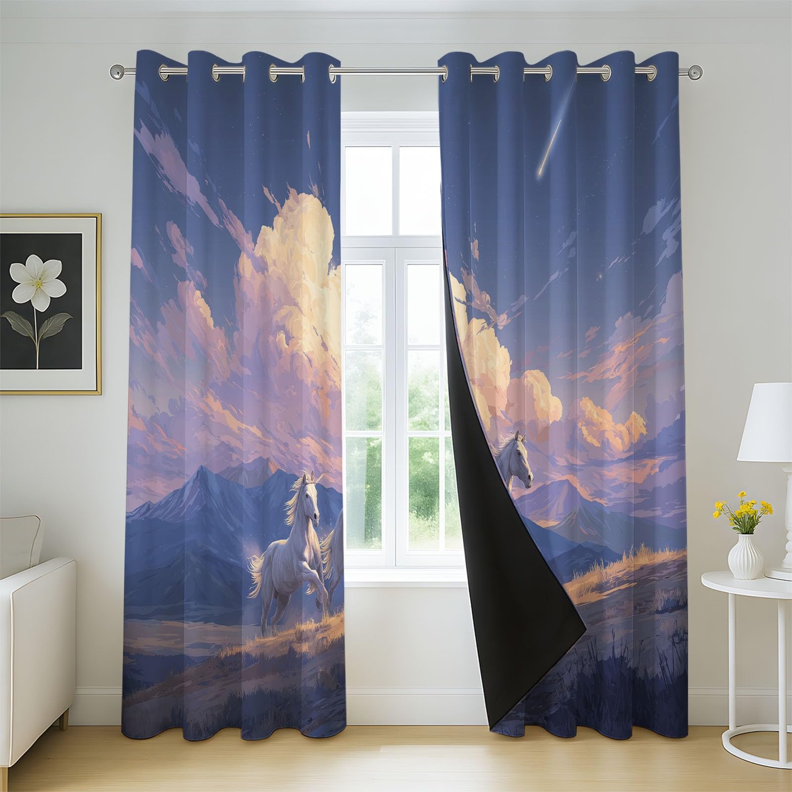 Générique Rideaux Occultants à Motif Cartoon Fille, Lot de 2 Rideaux Isolant Thermique à Oeillets, Romantique Licorne Rideau Doux pour Salon Chambre, 140L x 1060H CM