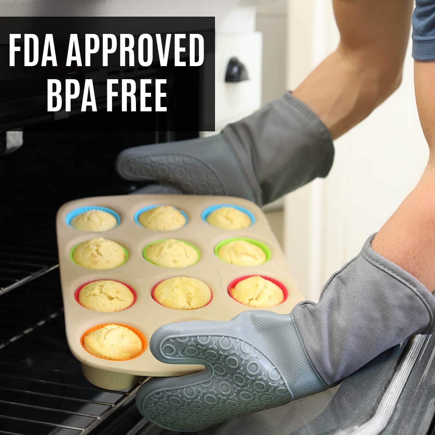 HOMWE Guantes de horno de silicona y soportes para ollas, juego de 4 piezas, guantes de cocina resistentes, salvamanteles seguros para encimera de cocina, resistencia avanzada al calor, agarre