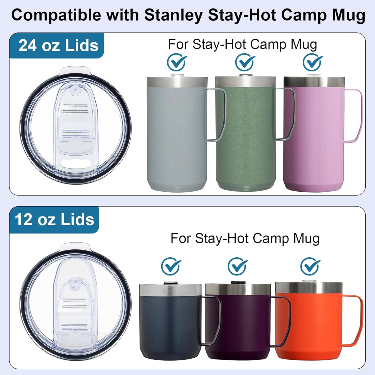 Replacement Lids Compatible with Stanley 12 oz & 24oz Camp Mug, 2Pack Leak Proof Cup Insulated Lids for Stainless Steel Coffee Mug（Cups NOT Included） - Image 3