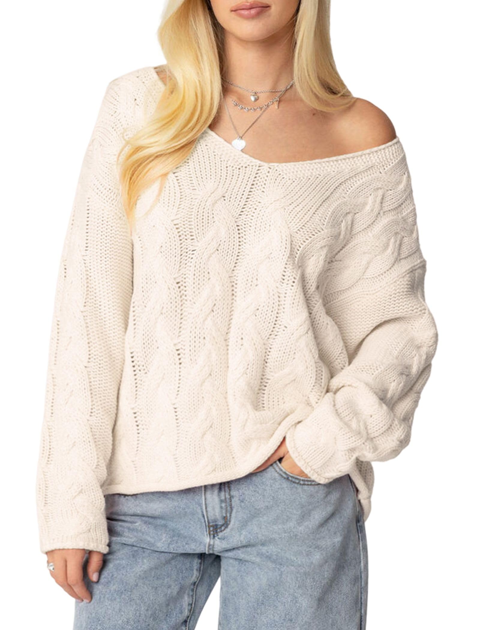 ZAFUL Womens V Neck Off The Shoulder Sweater Long Sleeve 2025 Oversized Cable Knit Casual Pullover Tops