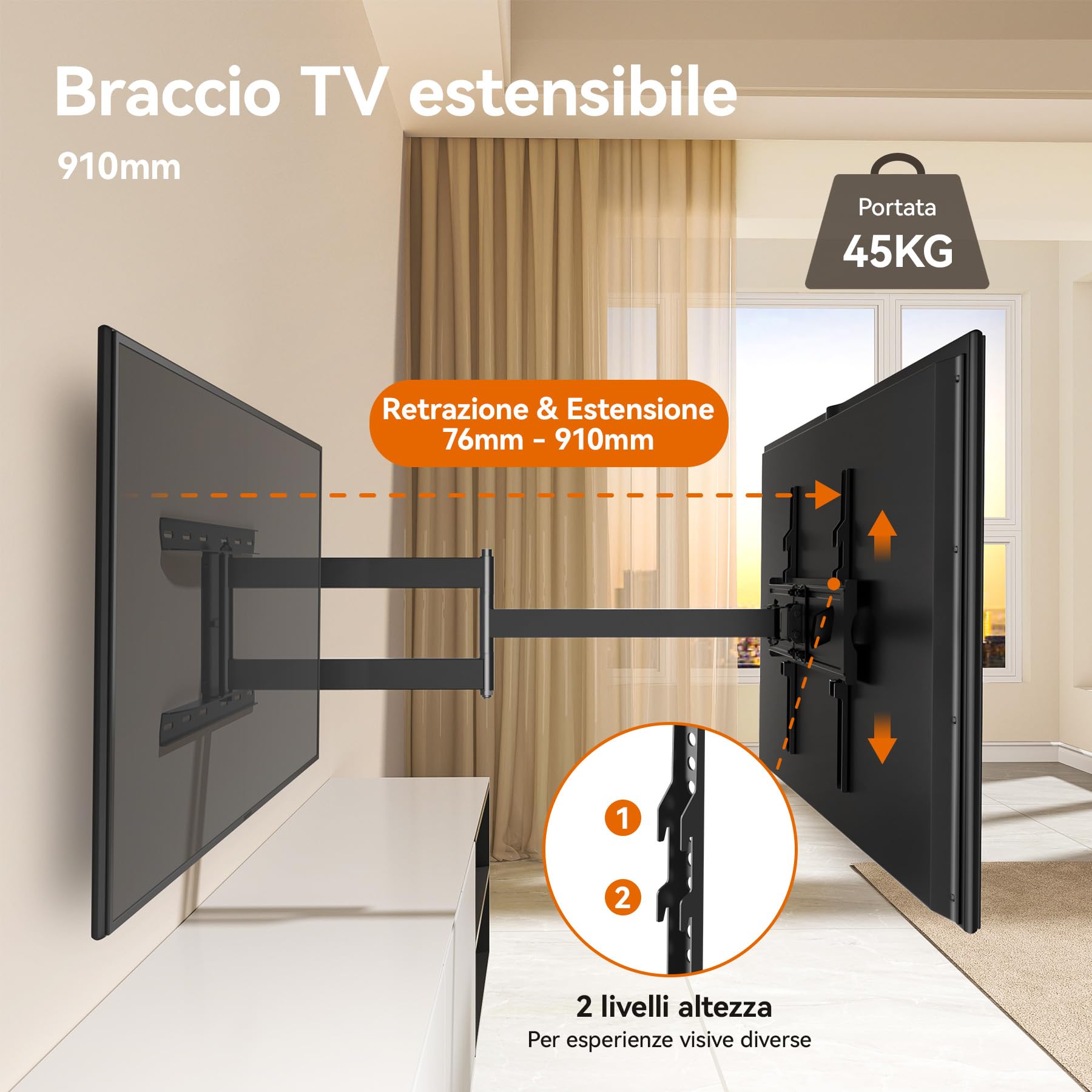 Supporto da parete per TV orientabile a 90 gradi, per TV da 32-65", 910 mm, braccio extra lungo da parete, allungabile, supporto da parete per 45 kg, max. VESA 400 x 400 mm