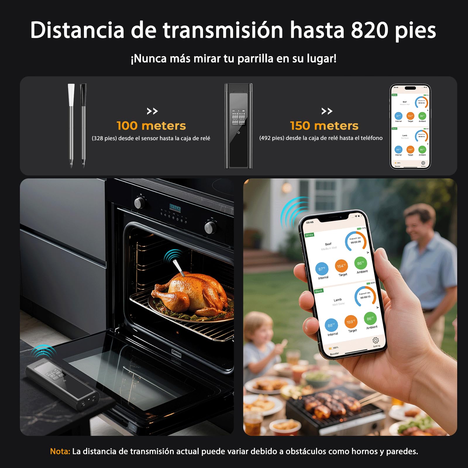 BlueSwan Termómetro de Cocina Inalámbrico con 2 Sondas Aptas para Lavavajillas IP67, Termómetro Digital Inteligente Caja Magnética, 150m Bluetooth App y 9 Modos de Carne, BBQ, Parrilla, Horno, Grill