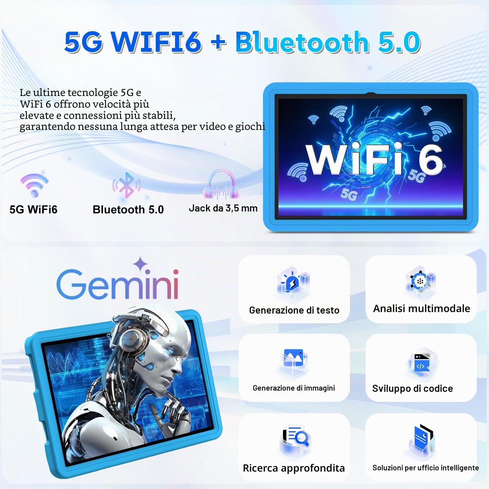 DMOAO Tablet Bambini 10 Pollici Android 15 con 30GB RAM, 5G Wi-Fi 6, 64GB ROM(2TB), Control Parental, Octa-Core, 8MP+5MP, 6000mAh, Custodia Protettiva EVA + Supporto Girevole a 360°, Blu