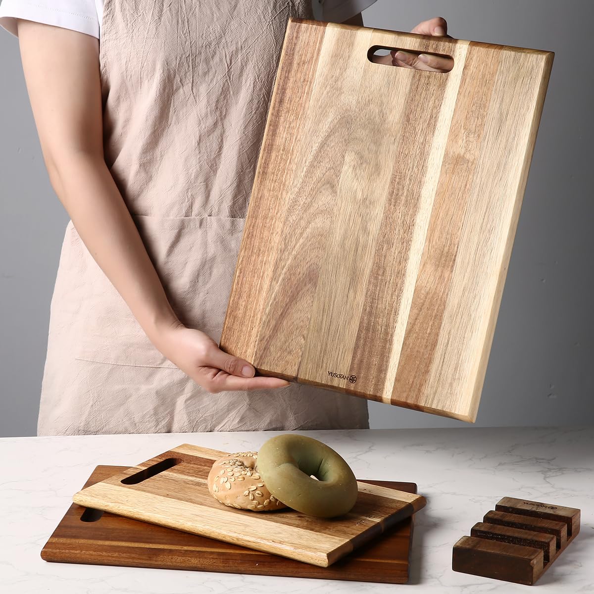 Set di 3 taglieri in legno di acacia per cucina, grande tagliere in legno con manico, tagliere spesso, vassoio in legno per carne, frutta, verdura e formaggio