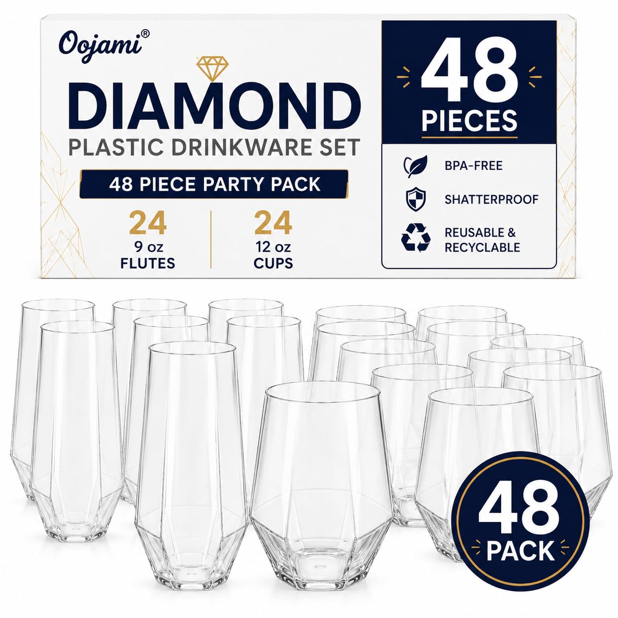Oojami 48 Pack Diamond Plastic Champagne Flutes Stemless 9oz &amp; 12oz Cups