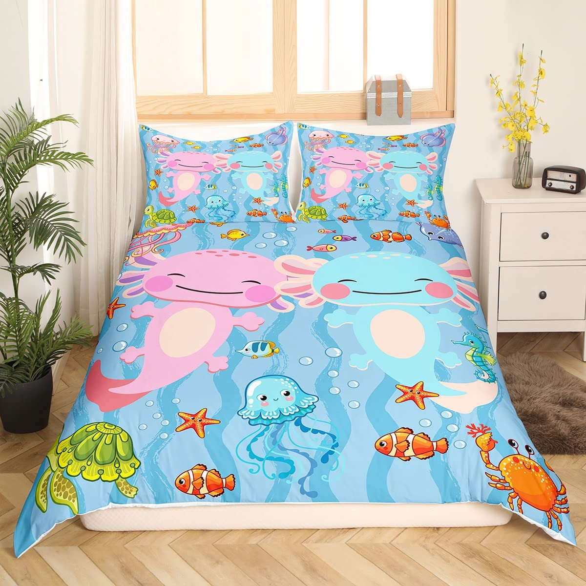 feelingyou Cute Axolotls Kids Duvet Cover Set Single Size,Turtle Crab Starfish Jellyfish Bedding Set,Girls Boys Adults Room Decor,Cartoon Sea Animals Comforter Cover,Colorful Quilt Cover,1 Pillowcase