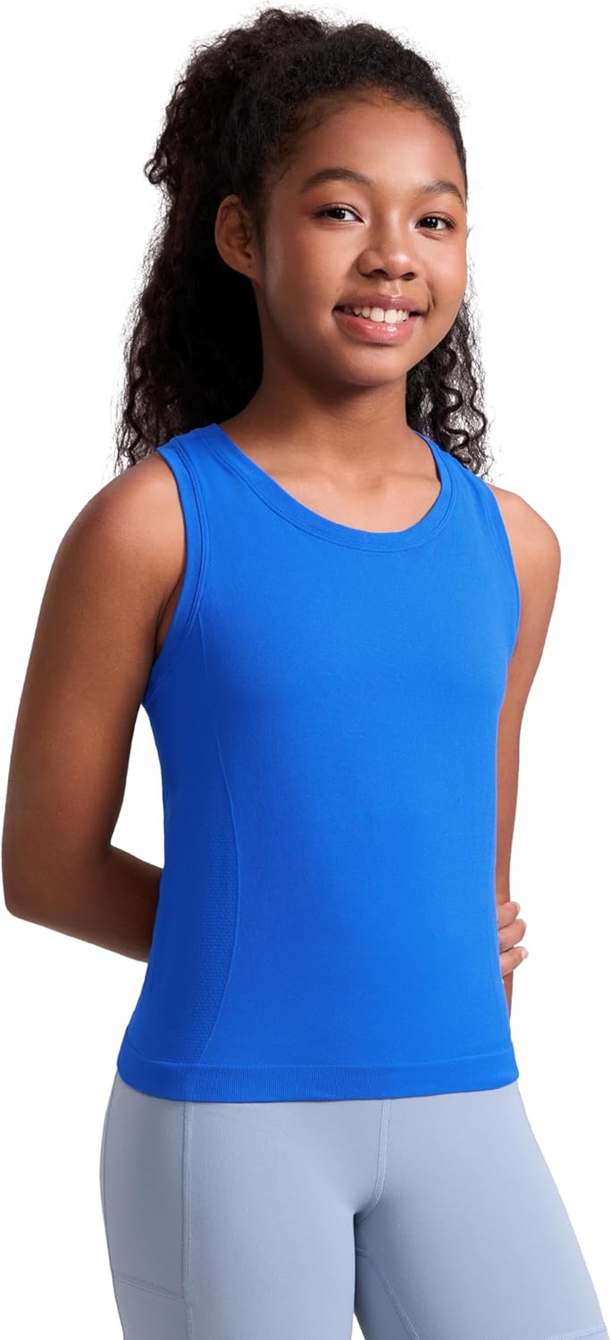 CRZ YOGA Girls Seamless Athletic Tank Tops Waist Length - Active Dance Casual Racerback Crew Neck Sleeveless Kids Teen