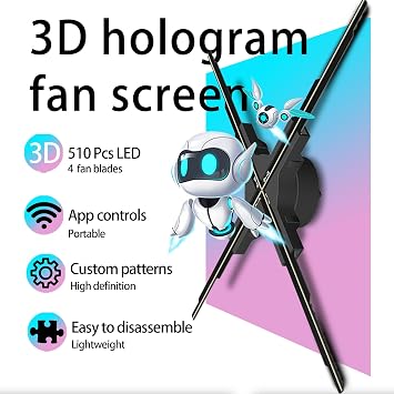 3D Holographic Fan, 50cm (19.7 In)HD LED Holographic Spinning Display , 4-Blade hologram projector Transparent Medium for Retail, Bars, ad and Events