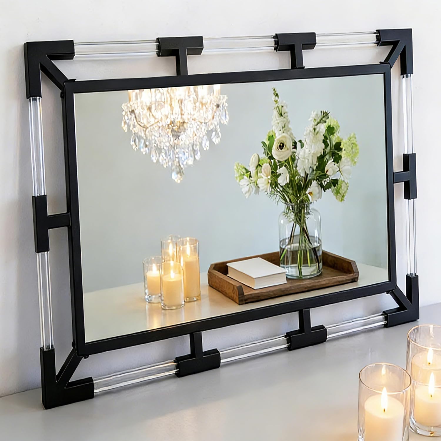 Chende Modern Acrylic and Metal Framed Wall Mirror, Vertical Black Decorative Mirror for Bathroom Vanity Living Room Entryway, Sleek & Elegant Home Decor,26" x 38"