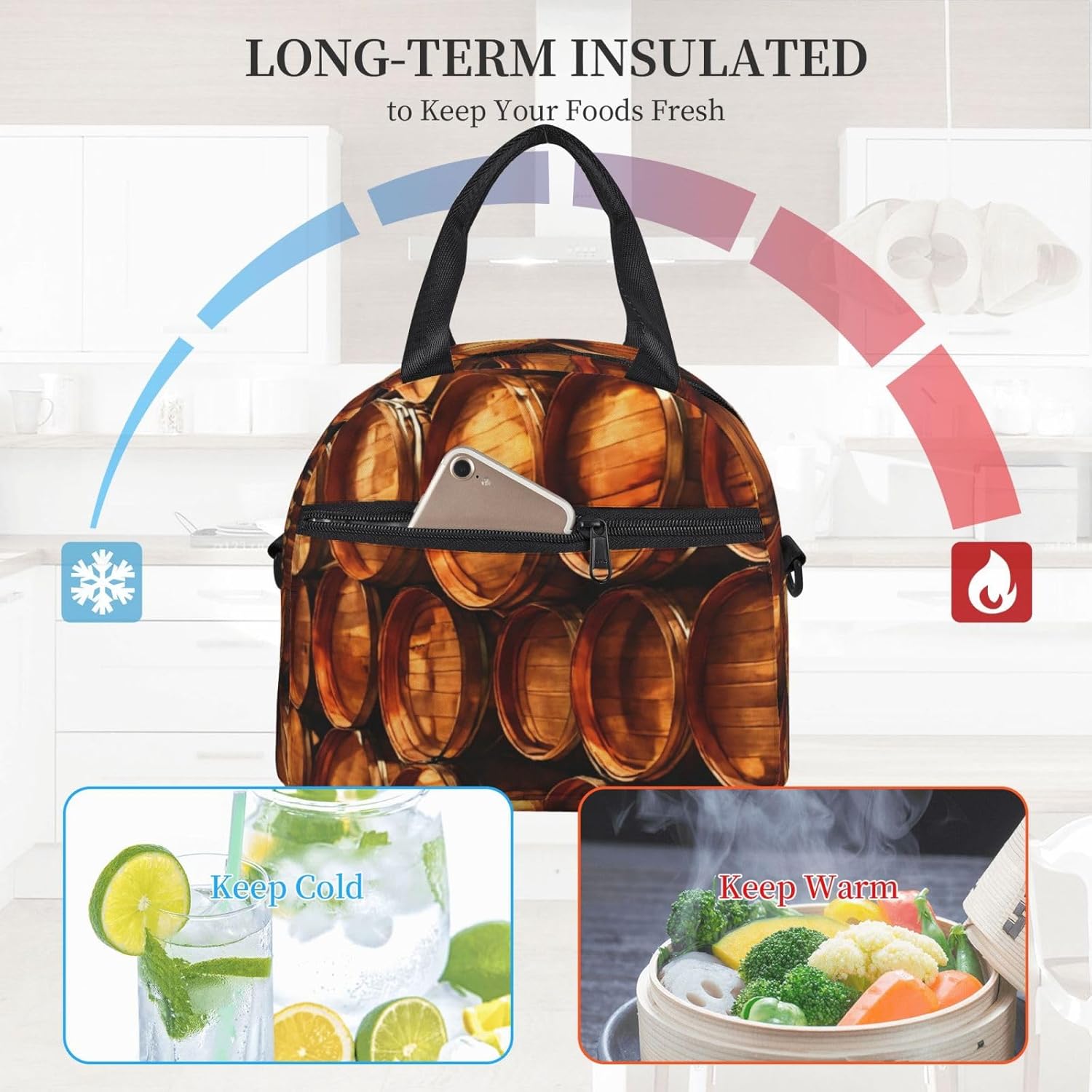 Wine cork Print Reusable Lunch Bag Insulated Lunch Boxes for Office Work Picnic Tote Bag Adjustable