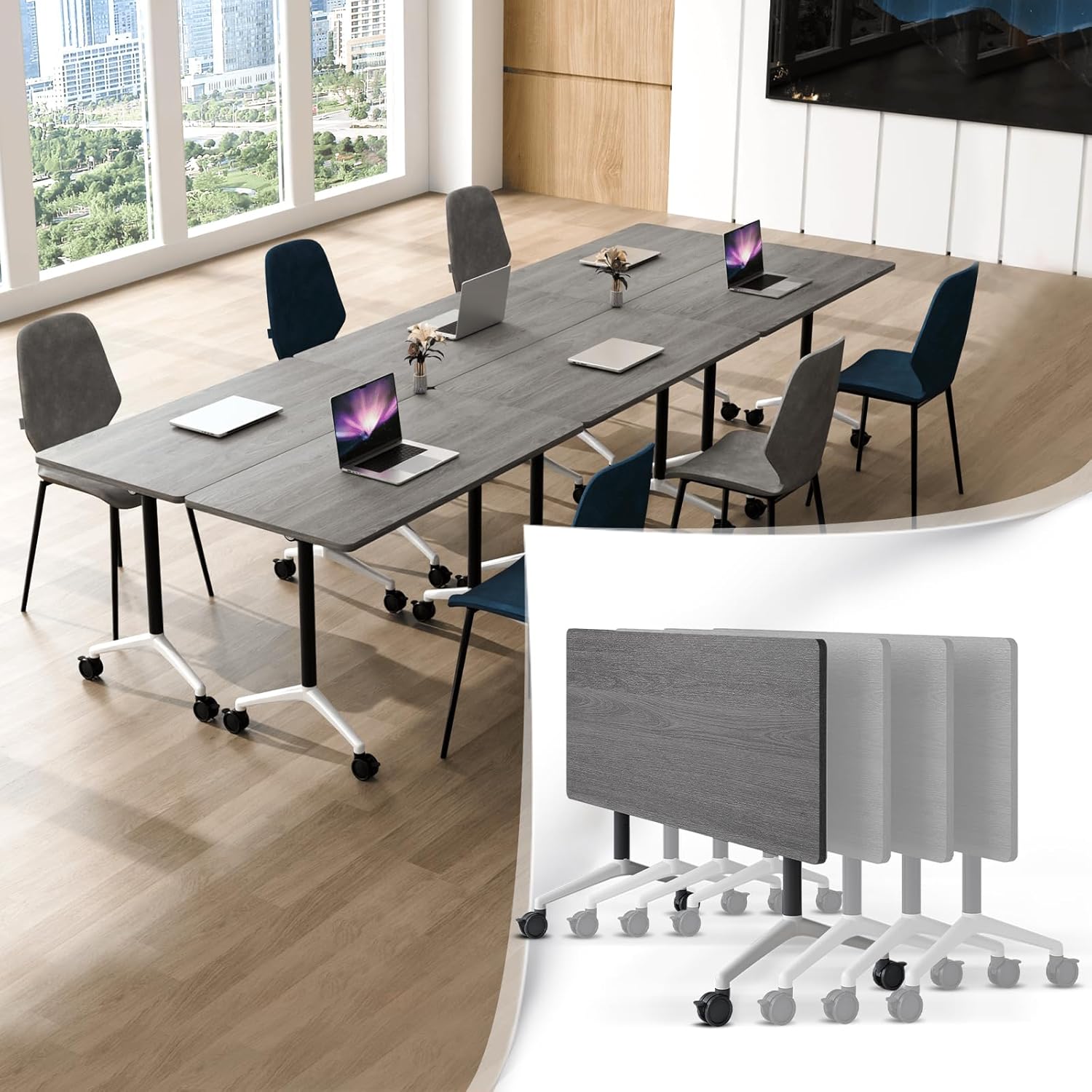 Flip-Top Folding Conference Table with Locking Wheels - Mobile Modular Training Table for Office, Classroom, or Meeting Room - Space-Saving Modern Design (4, K, 70.8in)