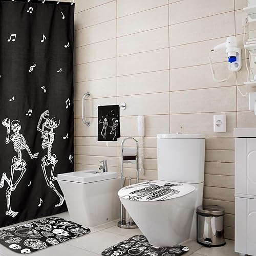 Miniatura 4 de Honoson Juego de 8 cortinas de ducha de esqueleto con alfombras y toallas de cocina, cortina de ducha de esqueleto, juego de baño para granja,