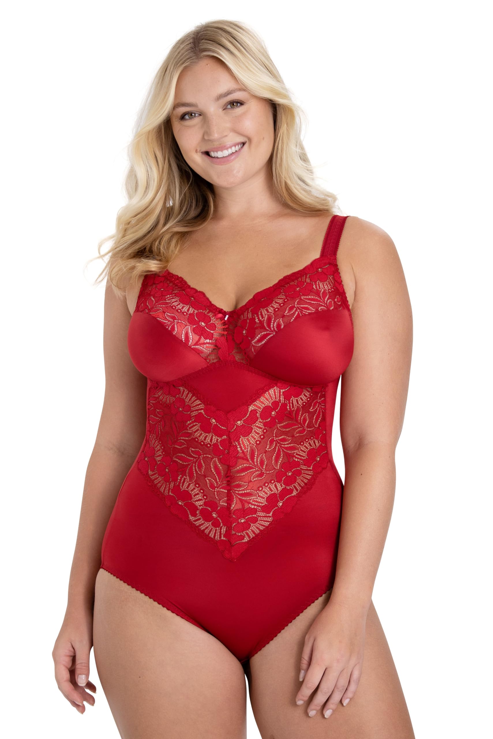 Miss Mary Of Sweden Women's Red Fantastic Flair Non-Wi Lace Body – Soft Support Bodysuit, Unpadded Cups, Stretch Lace, Flattering Fit 36B