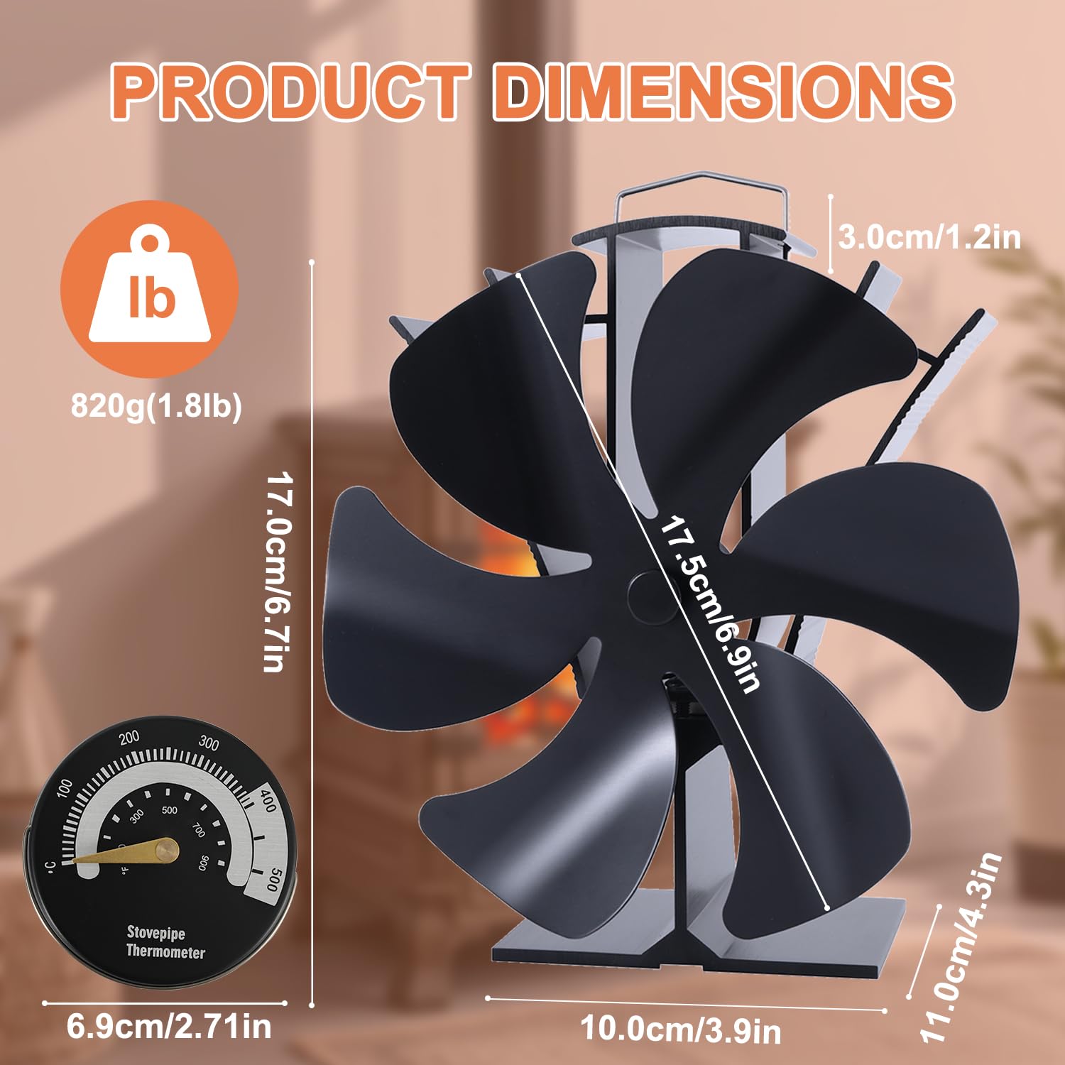 Tomersun Houtkachelventilator, 6 messen met thermometer, houtgestookte warmteaangedreven brandventilatoren voor open haard/houtkachel/houtbrander