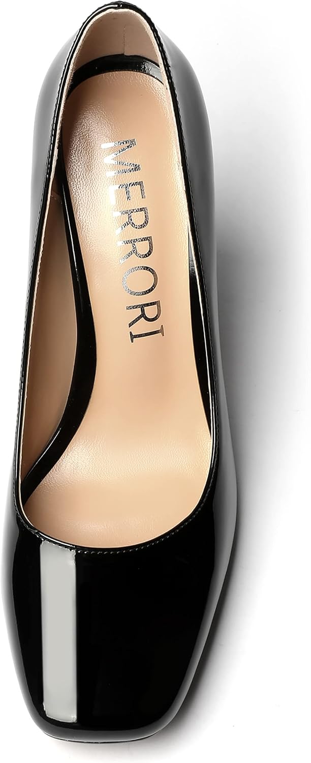 MERRORI Women's Patent Block Square Toe Solid Slip On Chunky High Heel Pumps Shoes 4 Inch - Image 3