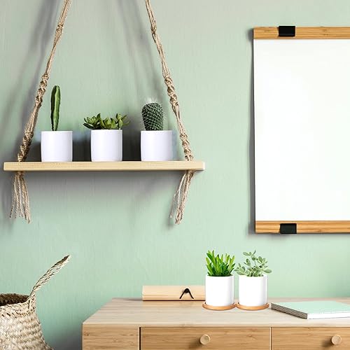 Miniatura 5 de Paquete de 12 macetas pequeñas para suculentas de 3 pulgadas, maceta de cerámica blanca y bandeja de bambú con agujero de drenaje, mini macetas para