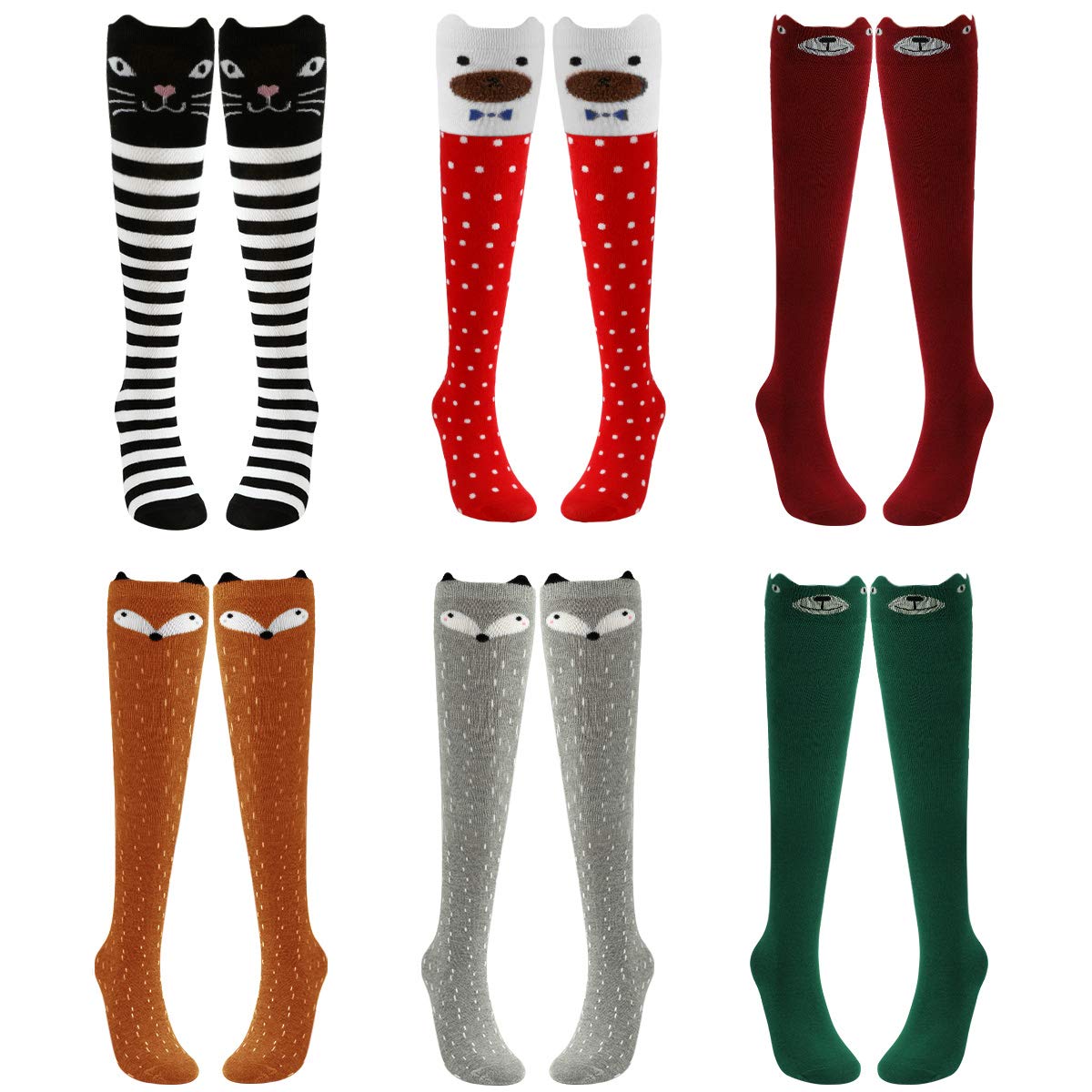 PHOGARY 6 pares Calcetines Algodón Hasta la Rodilla para Niñas 3-12 años, Calcetines Largos, Calcetines Altos Animales de Dibujos
