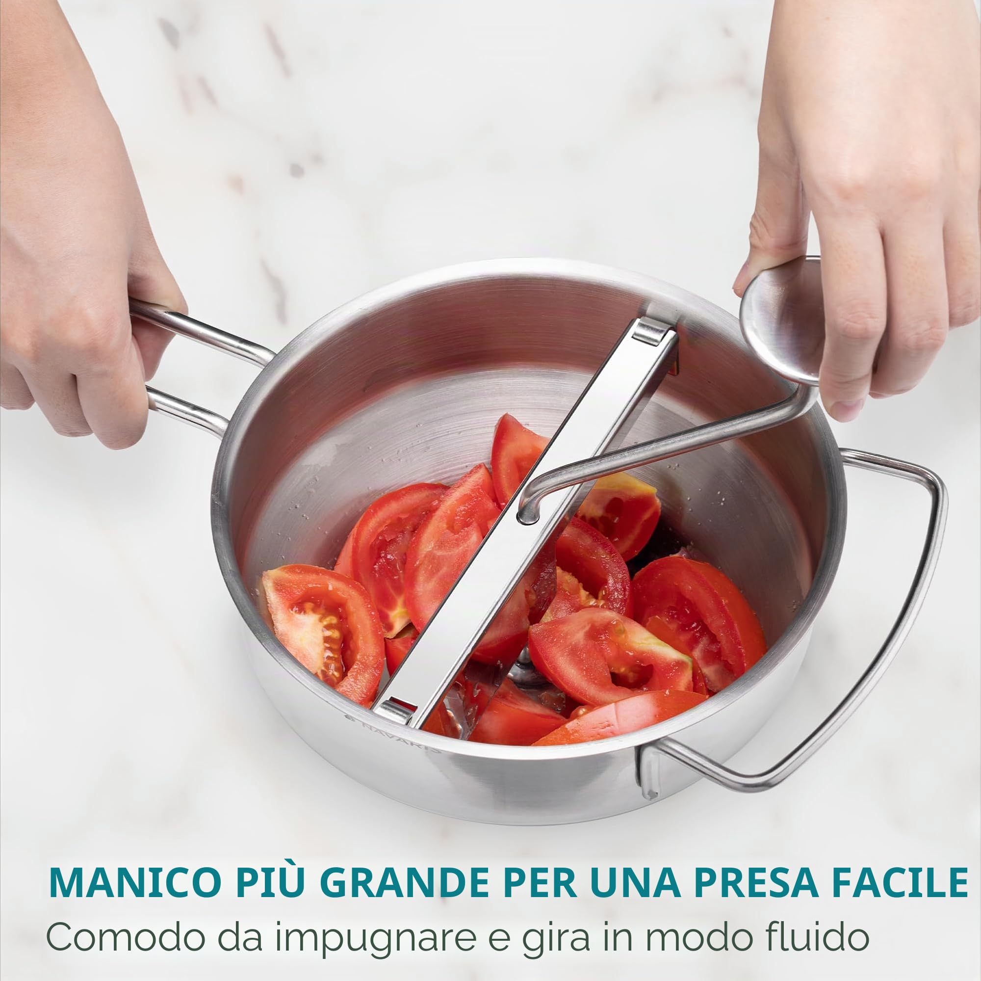 Navaris Passaverdure Manuale in Acciaio Inox Ø 20,5 cm - Passapomodoro Manuale e Passaverdura - Passa Verdure a Mano con 3 Dischi - Passatutto per Frutta Purè Salse Zuppe Vellutate