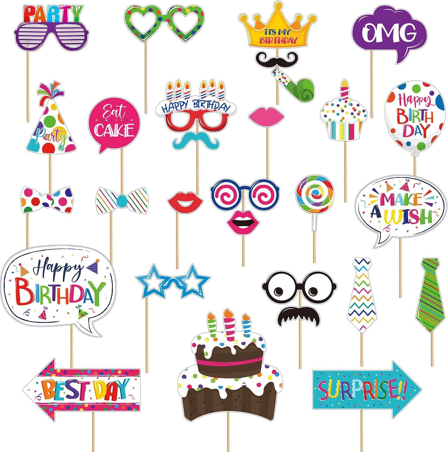 Titu Ki Baatein 29 Pieces Birthday Photo Booth Props Kit Colorful Funny Kids Birthday Theme Table Centerpiece Craft Cutouts with Glue Point Dots and Wooden Dowel Sticks