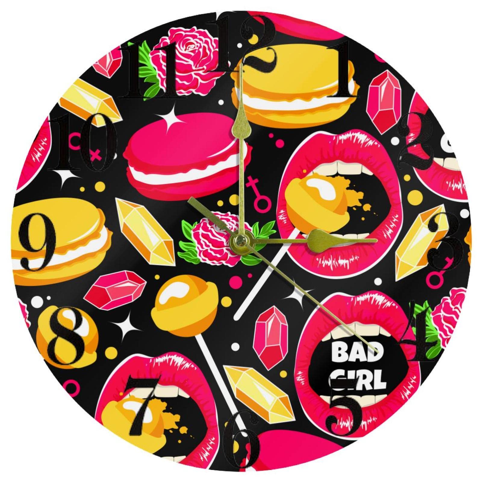 Horloge murale pour cuisine et maison Bad Girl ronde et silencieuse à pile
