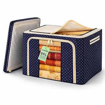 66L Cloth Organizer for Storage Box, Foldable Storage Bags for Clothes Large with Steel Frame, Wardrobe and Almirah Organizer for Sarees, Dresses, Blankets and Bedding with Clear Window