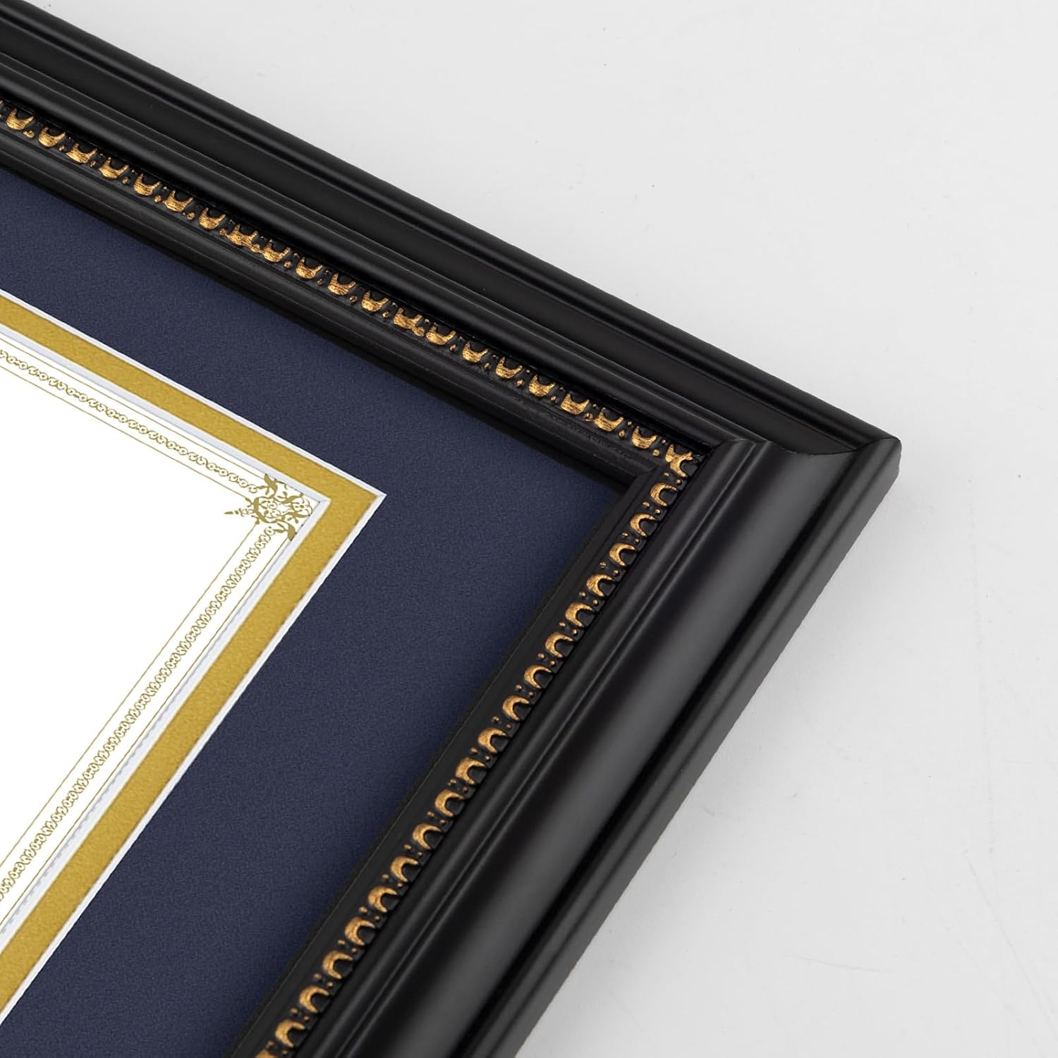 Golden State Art, 8.5x11 Diploma Frame, Solid Wood Black with Gold Trim Certificate Frame, 8.5x11 or 11x14 Diploma Without Mat, Real Glass Front with Navy Over Gold Double Mat -1 Pack