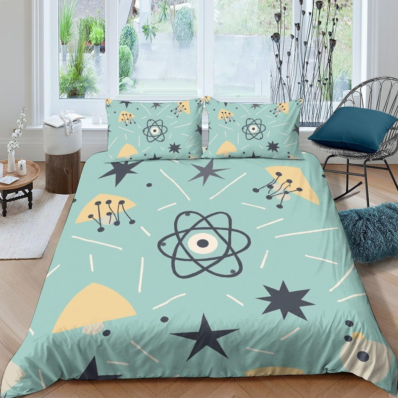 Ctjqhvkz Style-10 3D Printed Atomic Science Fitted Sheet Microfiber Soft Blue Star Rocket Bed Cover For Bedroom Dorm Decor Single（135X200cm）