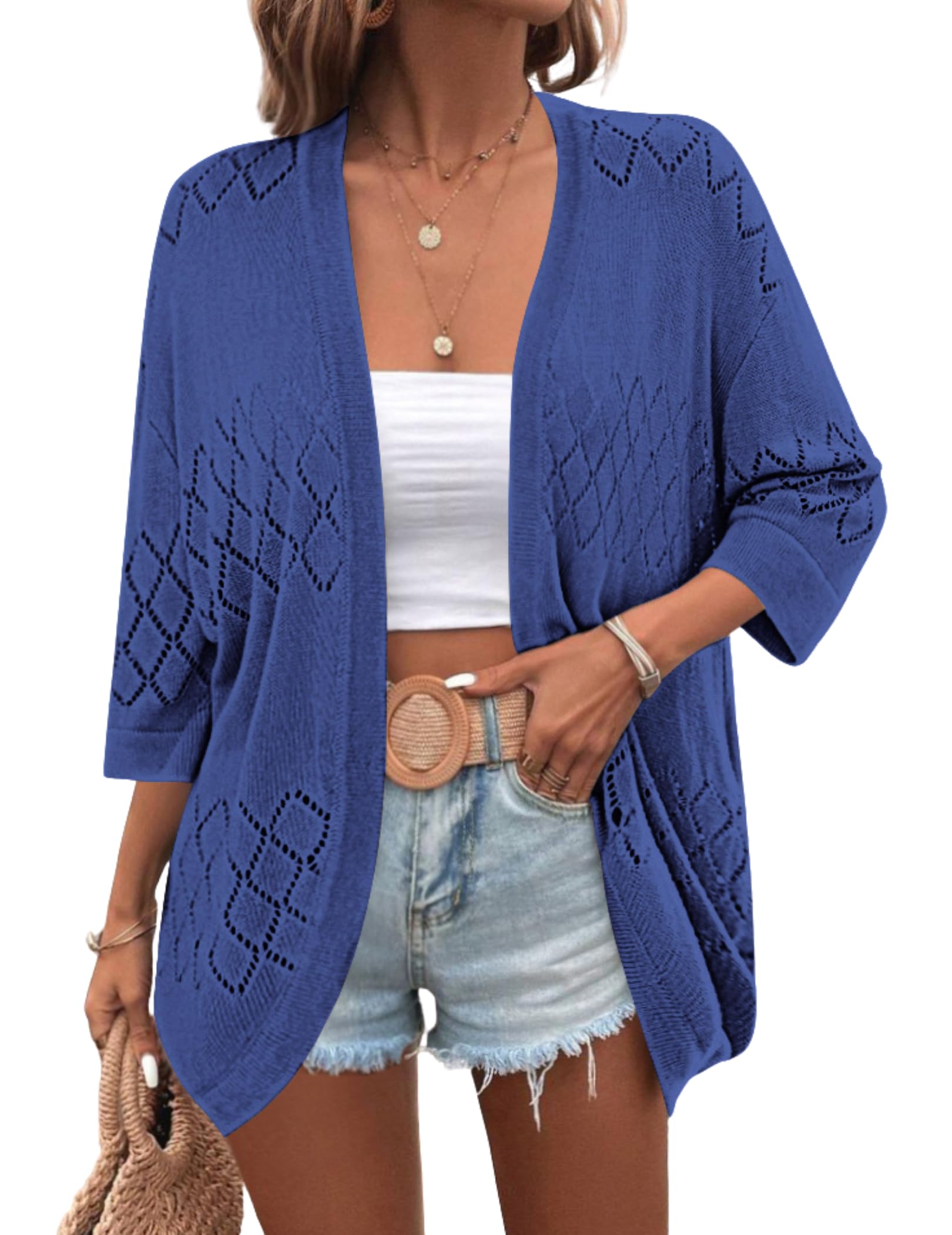 Zeagoo Womens 2026 Lightweight Crochet Cardigan Sweaters Open Front 3/4 Sleeve Knit Kimono Summer Boho Cover Up