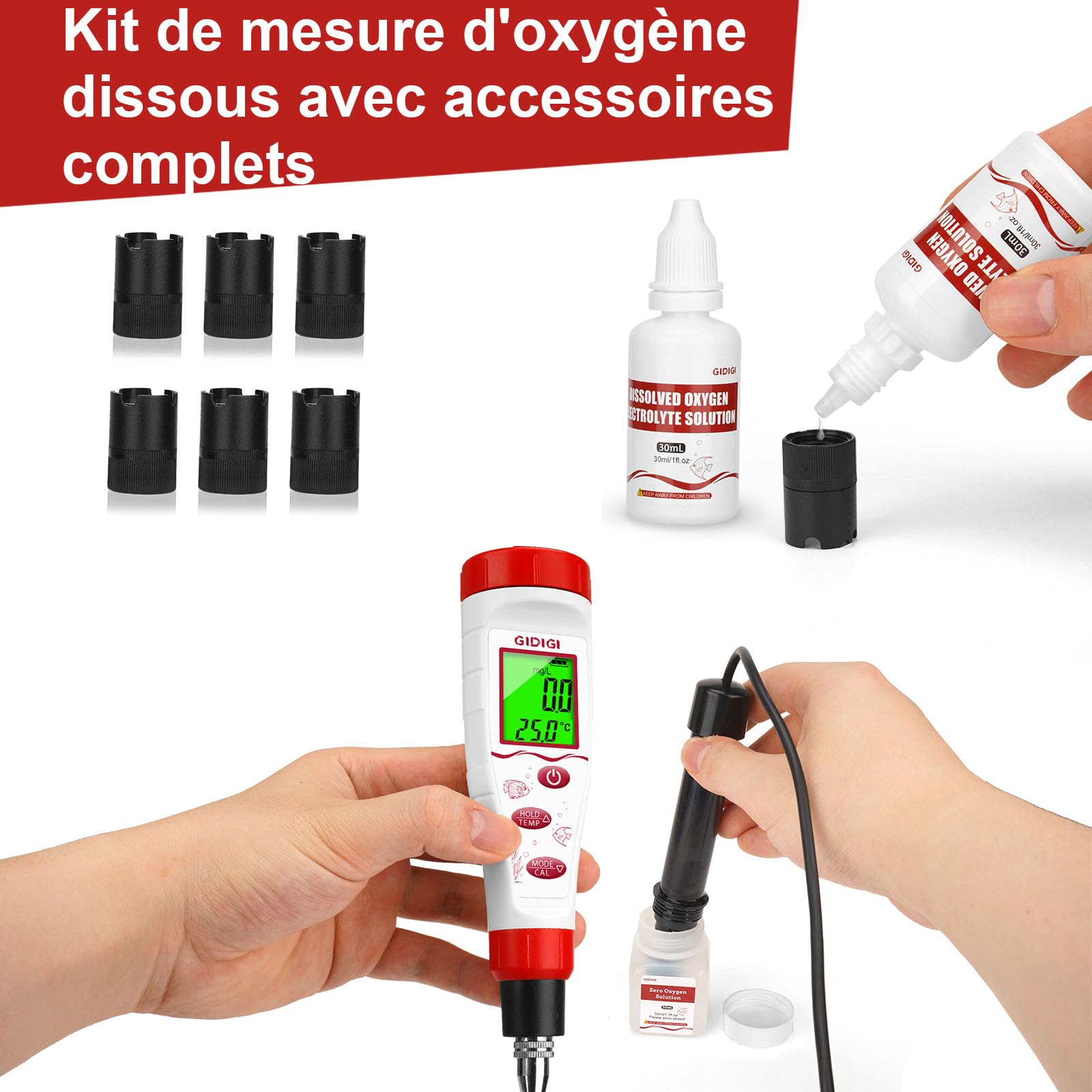 Testeur d'oxygène dissous intelligent GIDIGI pour l'eau, kit de test d'oxygène dissous avec compensation de sel et d'altitude, câble de sonde de 3 m, idéal pour les aquariums et les bassins.