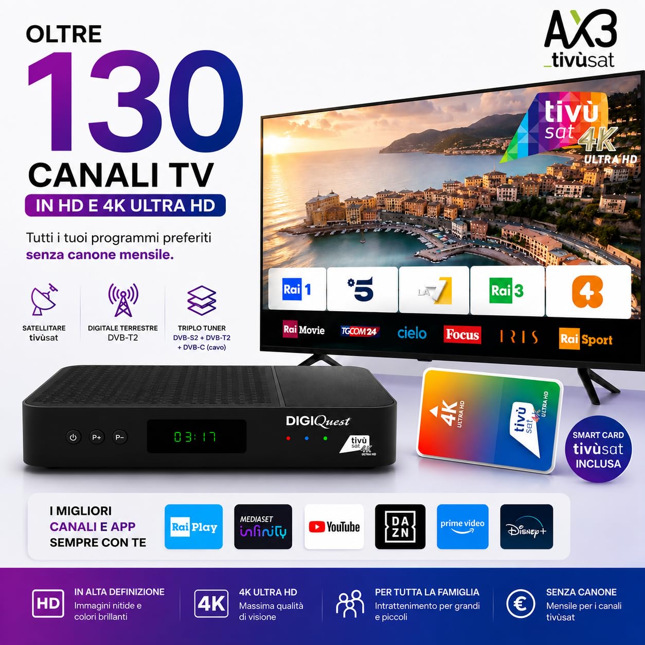 DIGIQUEST AX3_tivùsat universal con termómetro láser incluido | Combo 4K con triple sintonizador DVB-T2 HEVC Main10, DVB-S2 Powered by Android TV™ | Control por voz | Google Cast™ | Smartcard tivùsat
