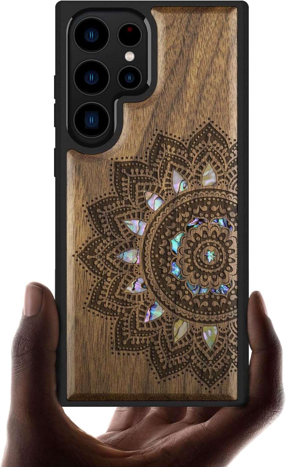 Carveit Designer Wooden Case for Samsung Galaxy S23 Ultra Cover [Wood Engraving & Shell Inlay] Compatible with Wireless Chargers S23 Ultra Case (Yin Yang and Star-Walnut)