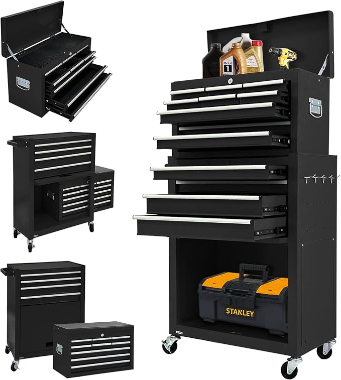 13-Drawer Rolling Tool Chest with Wheels, Removable Large Capacity Tool Storage Cabinet, Detachable Top Box with Lock, for Workshop & Garage-Metal Black