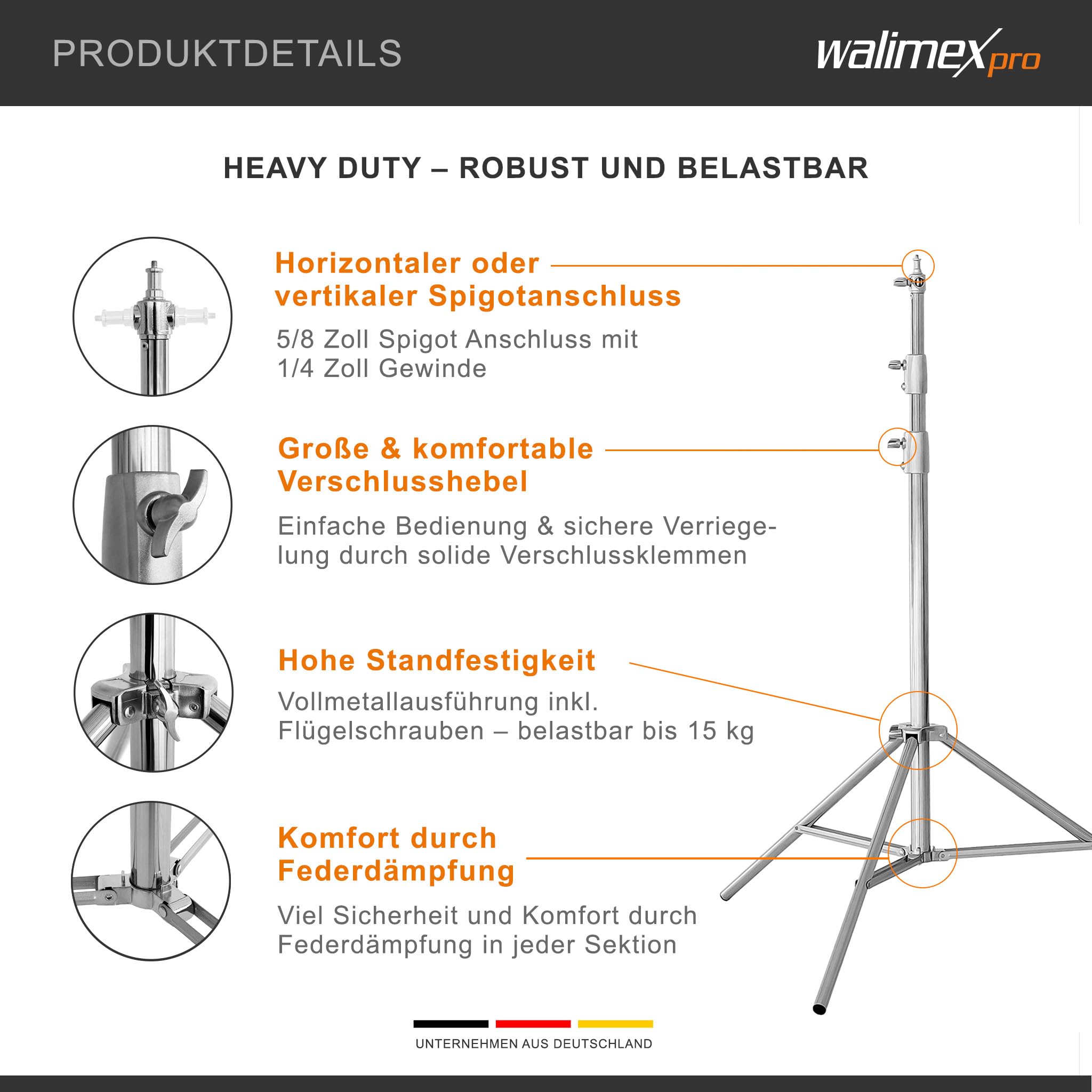 Walimex pro Heavy Duty - Treppiede per lampada in acciaio inox, portata fino a 15 kg, regolabile in altezza fino a 270 cm, ammortizzato con custodia e adattatore per spigot con filettatura da 1/4 e 3
