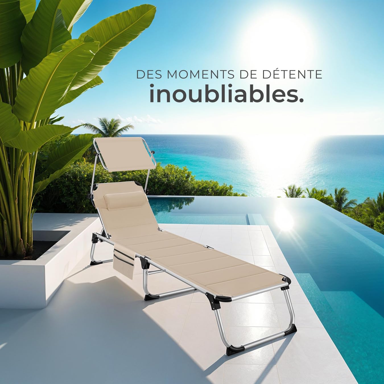 tectake® Chaise Longue Pliante Bain de Soleil Jardin Exterieur avec Pare Soleil et Appuie-tête, Chaise Longue inclinable en Aluminium, Transat de Plage Relax Jardin Camping Salon de Jardin Exterieur