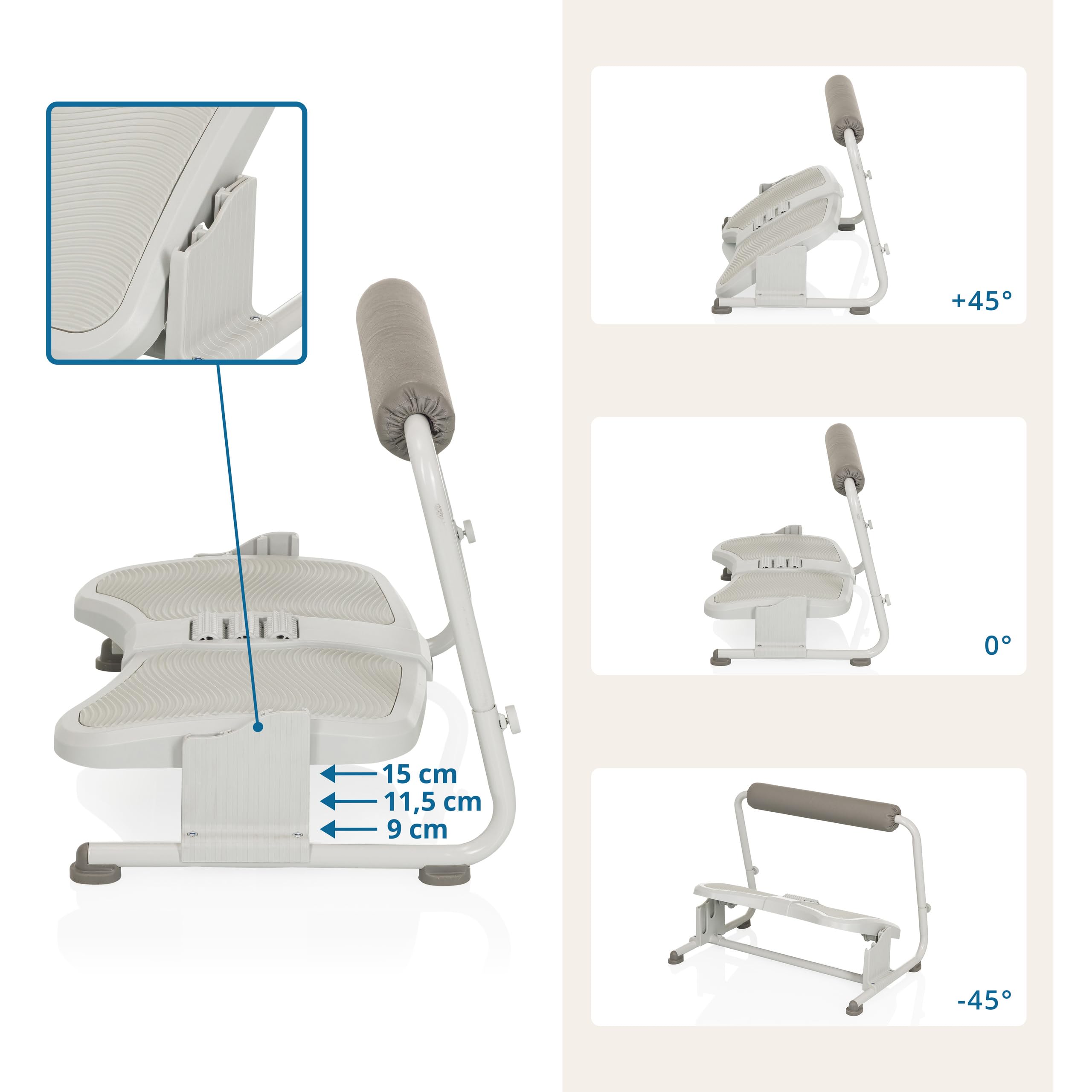 hjh OFFICE Reposapiés con rodillos de masaje PODI FMW Reposapiés acolchado con reposapiés regulable e inclinable, gris claro