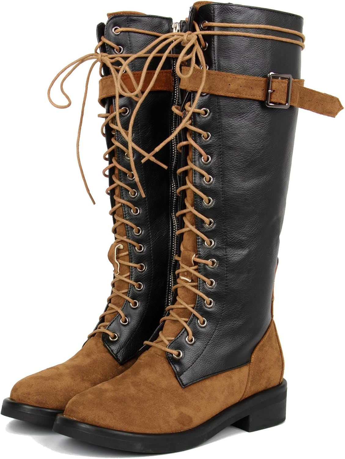 Meefit Lace Up Knee High Boots for Women Combat Riding Boots Low Heel Gothic Motorcycle Boot Flats Long Shoes