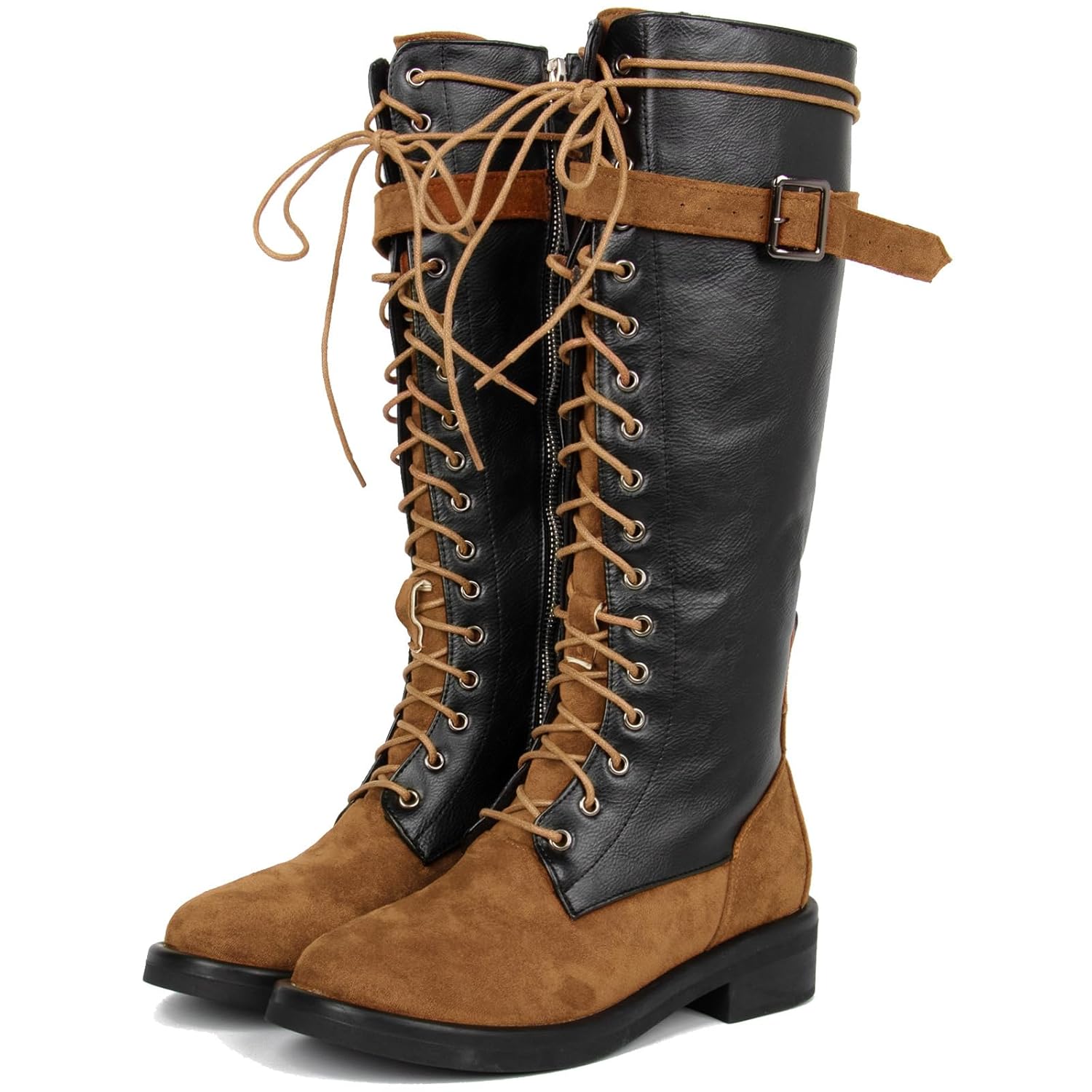 Meefit Lace Up Knee High Boots for Women Combat Riding Boots Low Heel Gothic Motorcycle Boot Flats Long