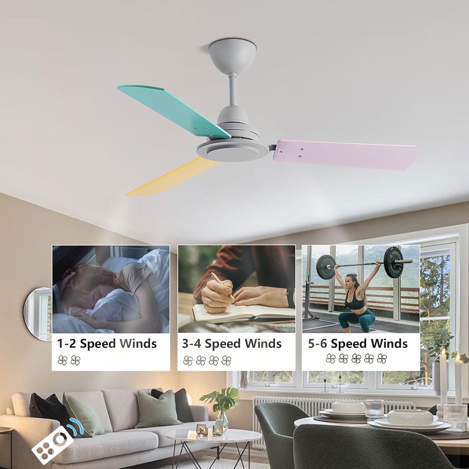 Modern Ceiling Fan No Lights 3 Colorful Blades, Quiet Ceiling Fans With Remote Control 6 Speeds Ceiling Fans Without Lights For Children's Bedroom Living Room Restaurant